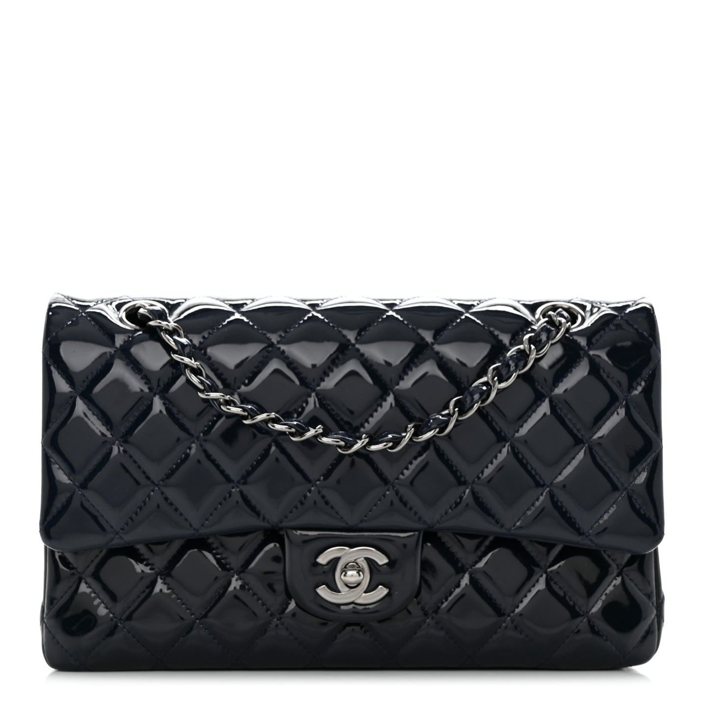 Patent Quilted Medium Double Flap Navy