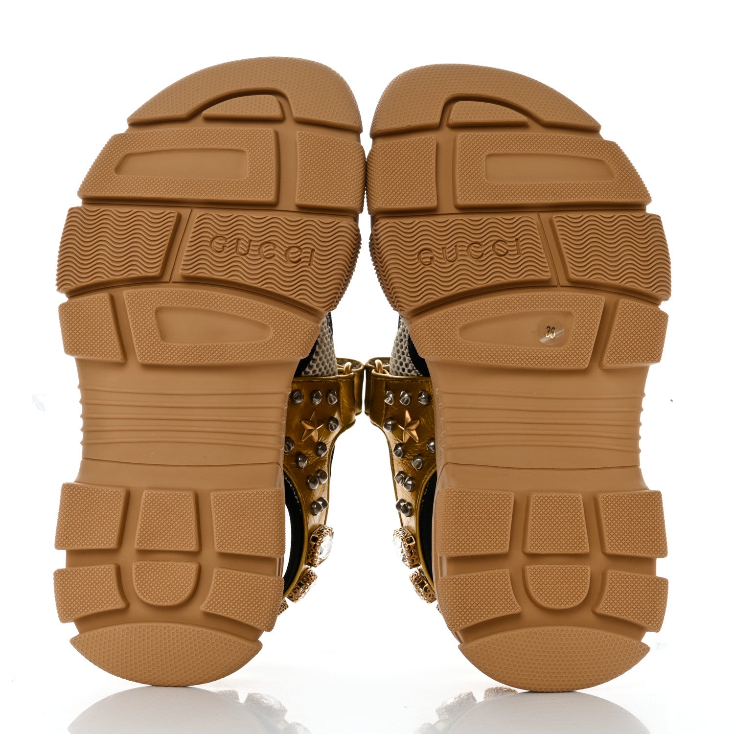 Gucci Silk Calfskin Mesh Crystal Embellished Studded Womens Aguru Sandals 38 Gold 5 of 8