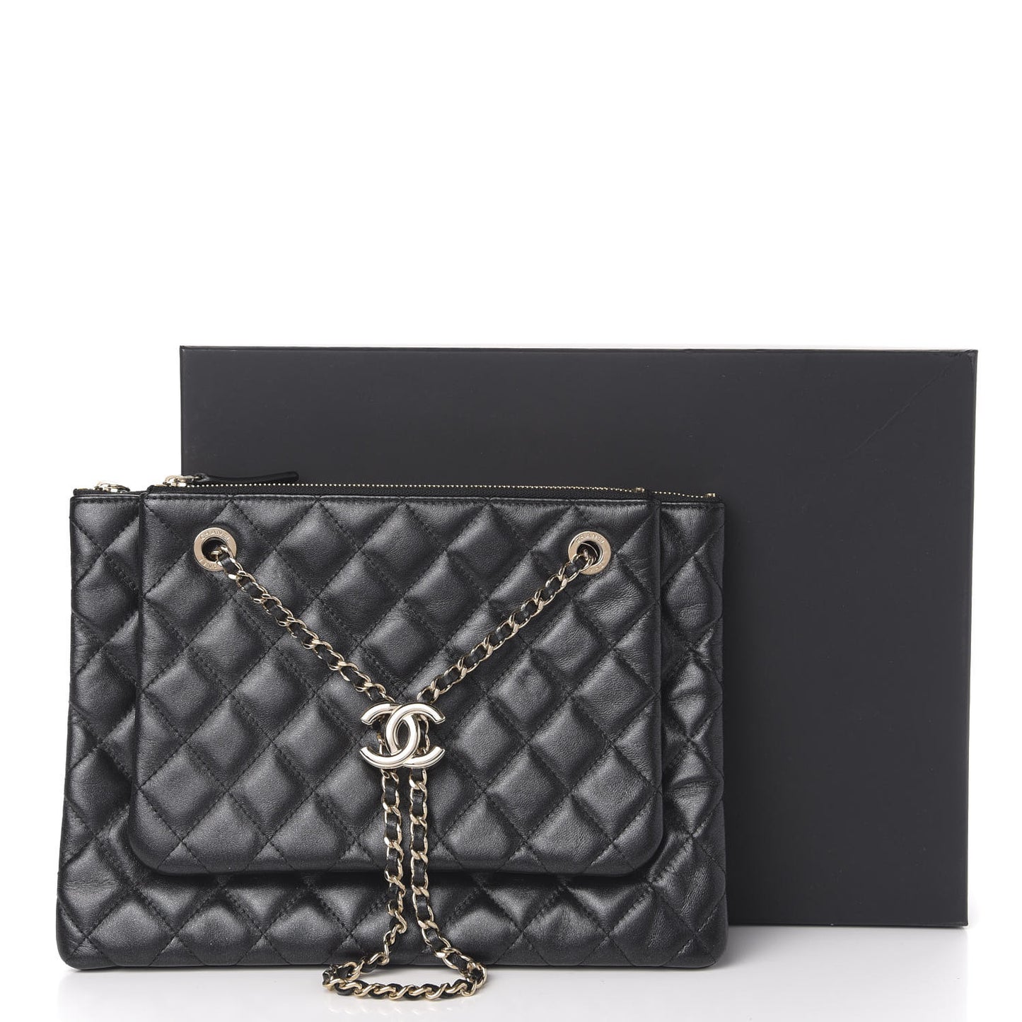 Shiny Lambskin Quilted Medium Double Case With Strap Black
