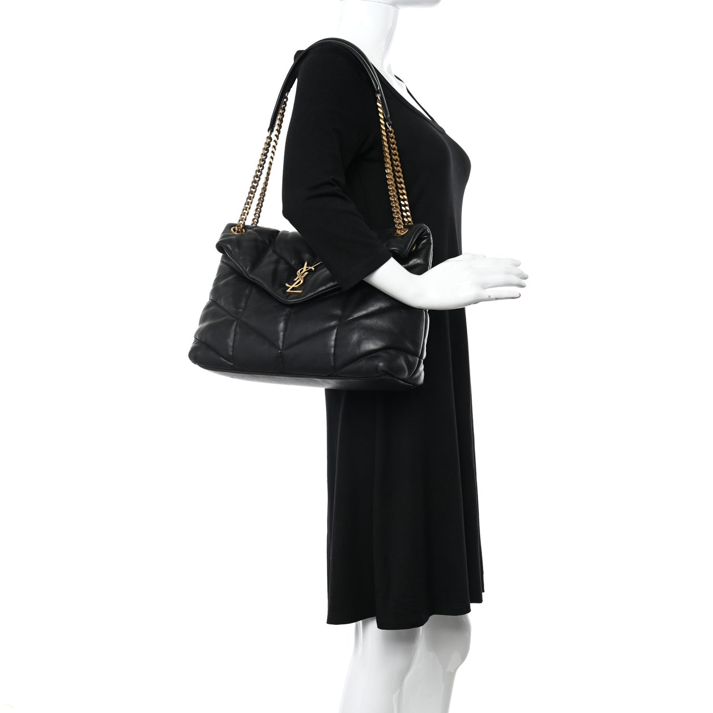Lambskin Quilted Medium Loulou Puffer Monogram Chain Satchel Black