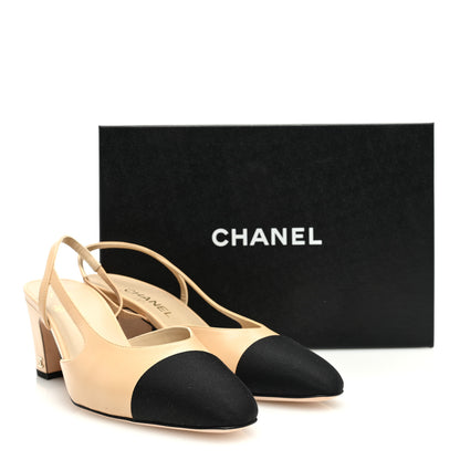 Chanel Goatskin Grosgrain Cap Toe CC Slingback Pumps 40.5 Beige Black 8 of 8