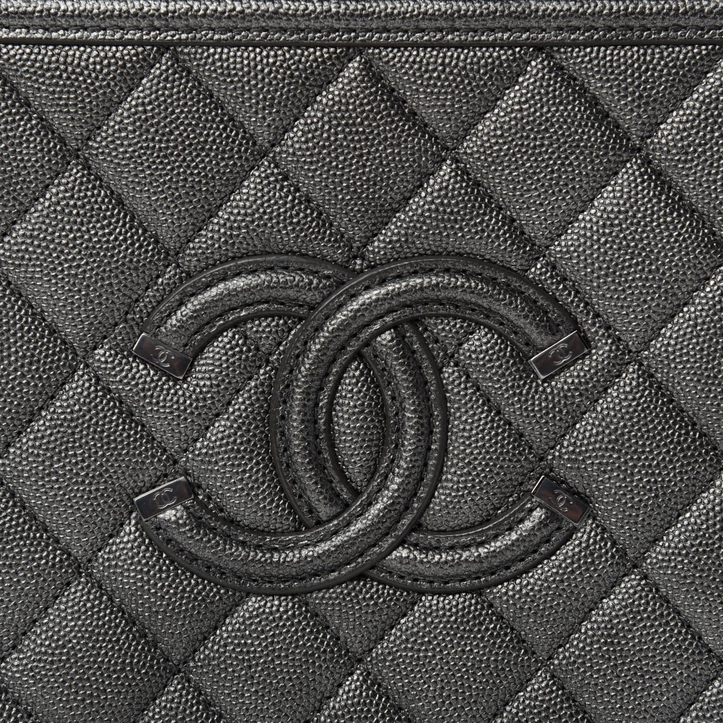Metallic Caviar Quilted Medium CC Filigree Vanity Case Dark Silver