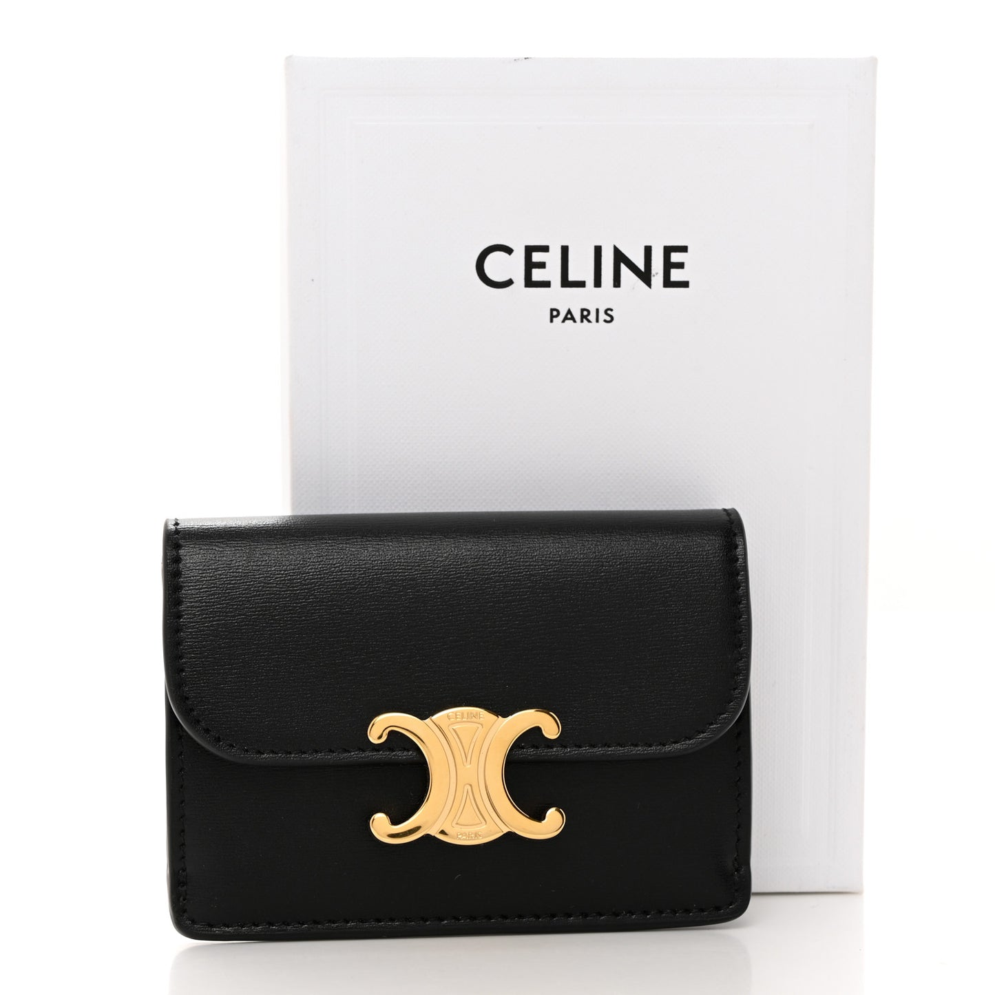 Shiny Calfskin Triomphe Flap Card Holder Black