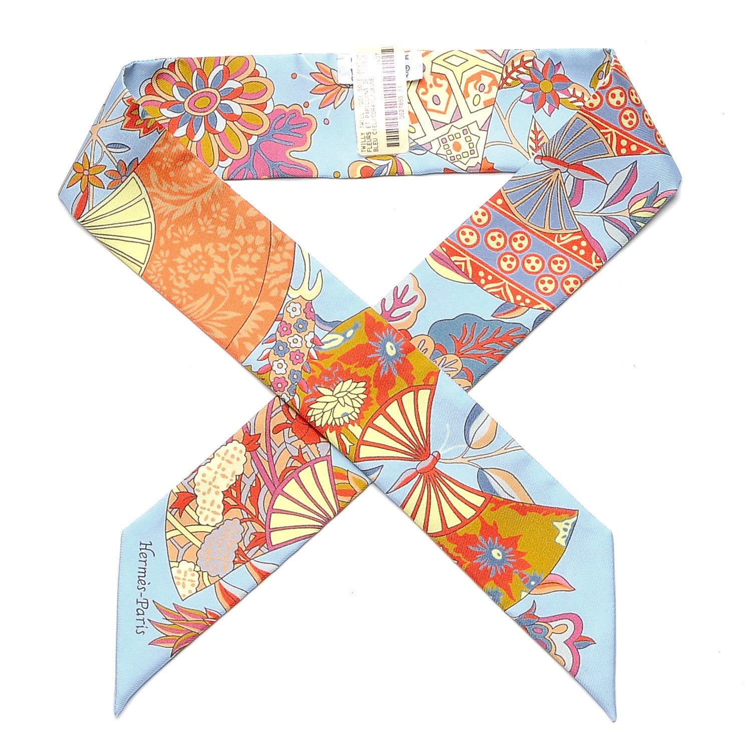 Hermes Silk Fleurs et Papillons de Tissus Twilly Bleu Ciel Corail Jaune 1 of 5