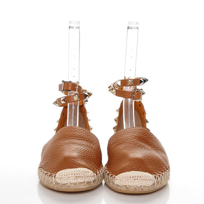 Valentino Garavani Grained Calfskin Rockstud Ankle Wrap Espadrille Flats 35 Cognac 2 of 8