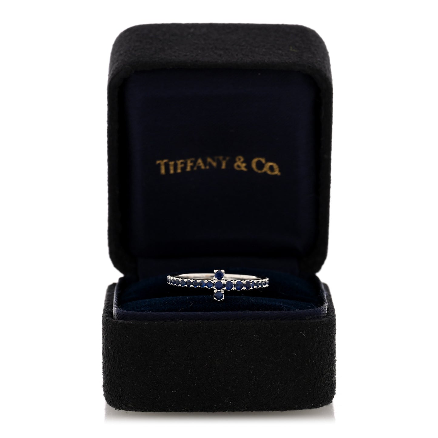 18K White Gold Blue Sapphire T Wire Pave Ring 52 6