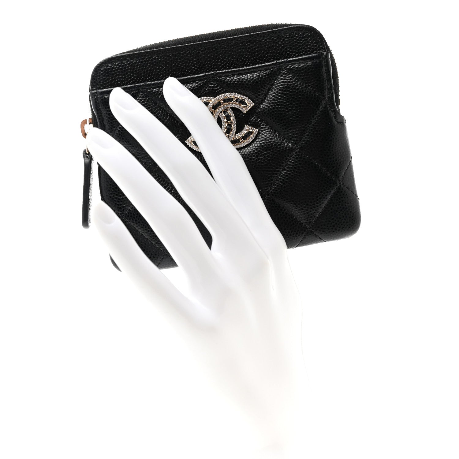 Chanel Caviar Quilted Crystal Zip Card Holder Wallet Black 2 of 7