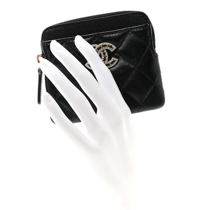 Chanel Caviar Quilted Crystal Zip Card Holder Wallet Black 2 of 7
