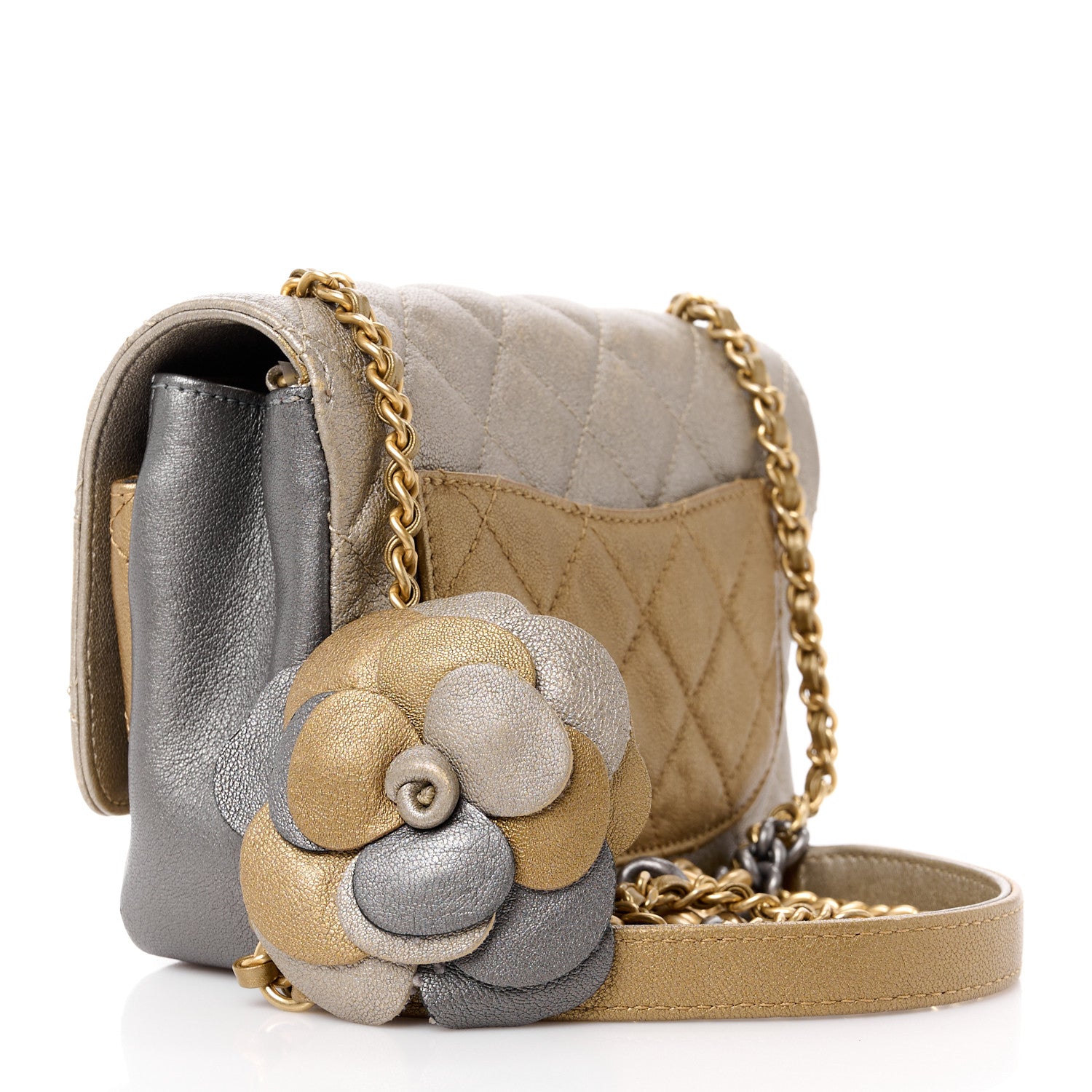 Chanel Lambskin Quilted Private Affair Camellia Flap Pale Gold Silver Dark Gold 4 of 15