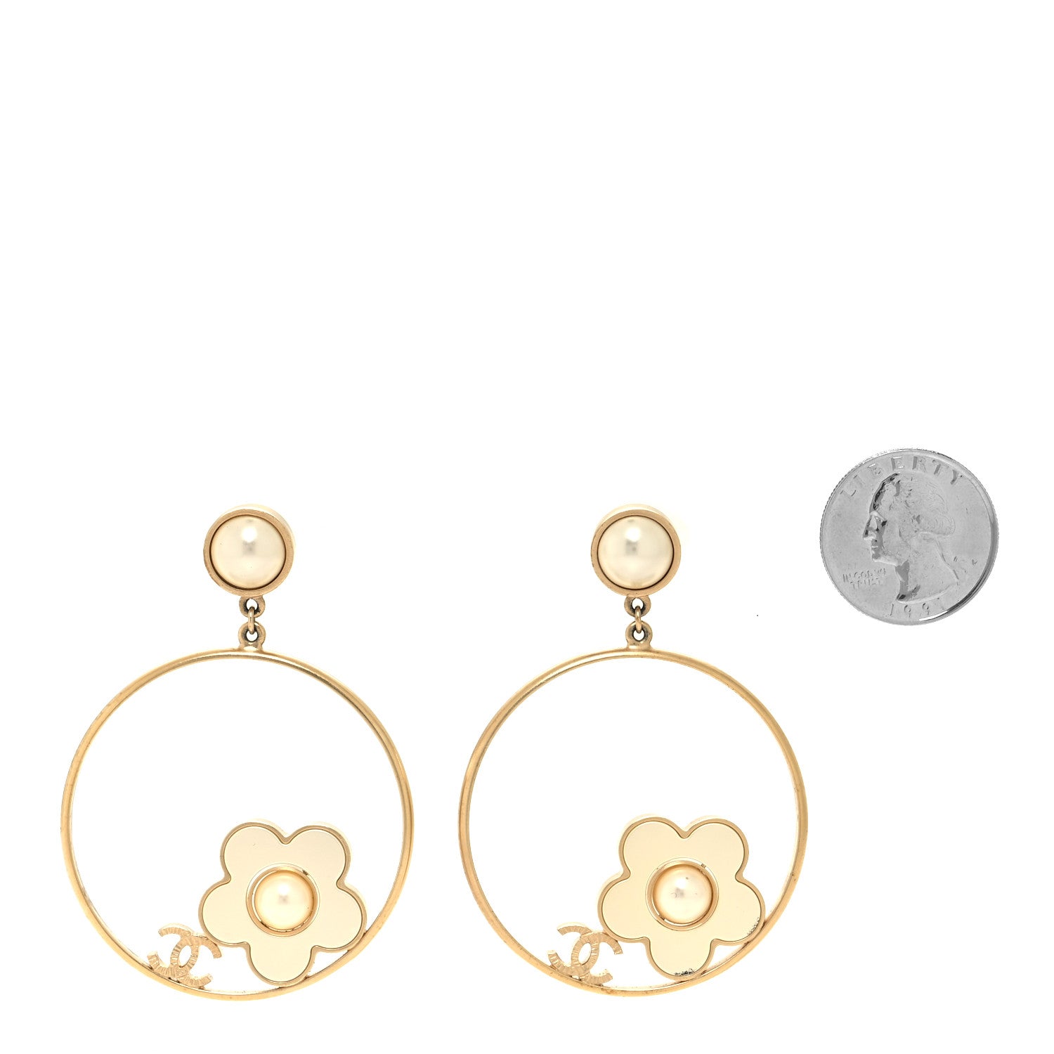 Chanel Pearl CC Camellia Hoop Earrings Gold 2 of 5