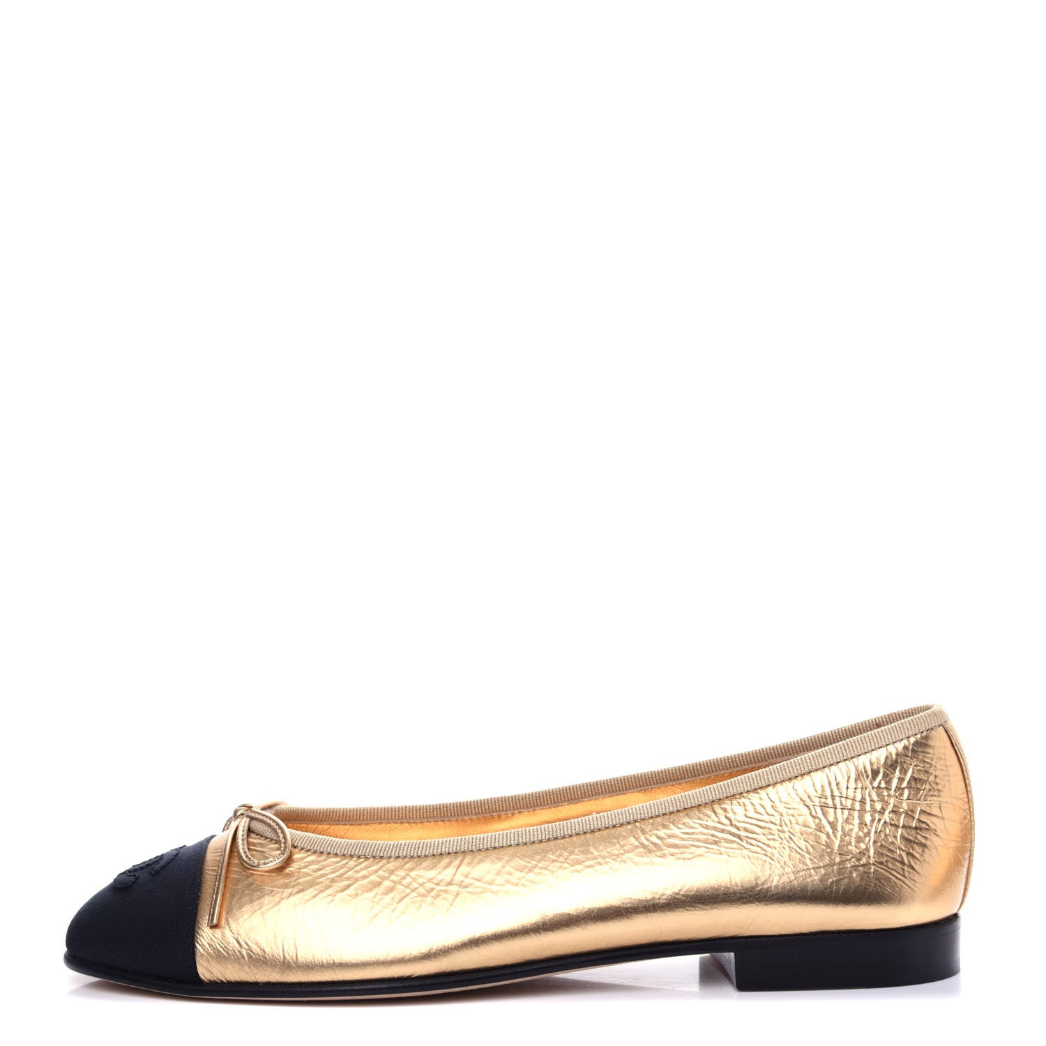Chanel Metallic Calfskin Grosgrain Cap Toe CC Ballerina Flats 37.5 Gold 1 of 11