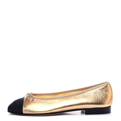 Chanel Metallic Calfskin Grosgrain Cap Toe CC Ballerina Flats 37.5 Gold 1 of 11