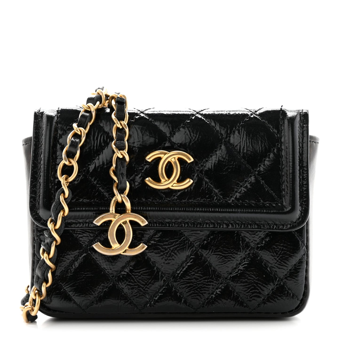 Shiny Aged Calfskin Quilted Waist Belt Bag Black