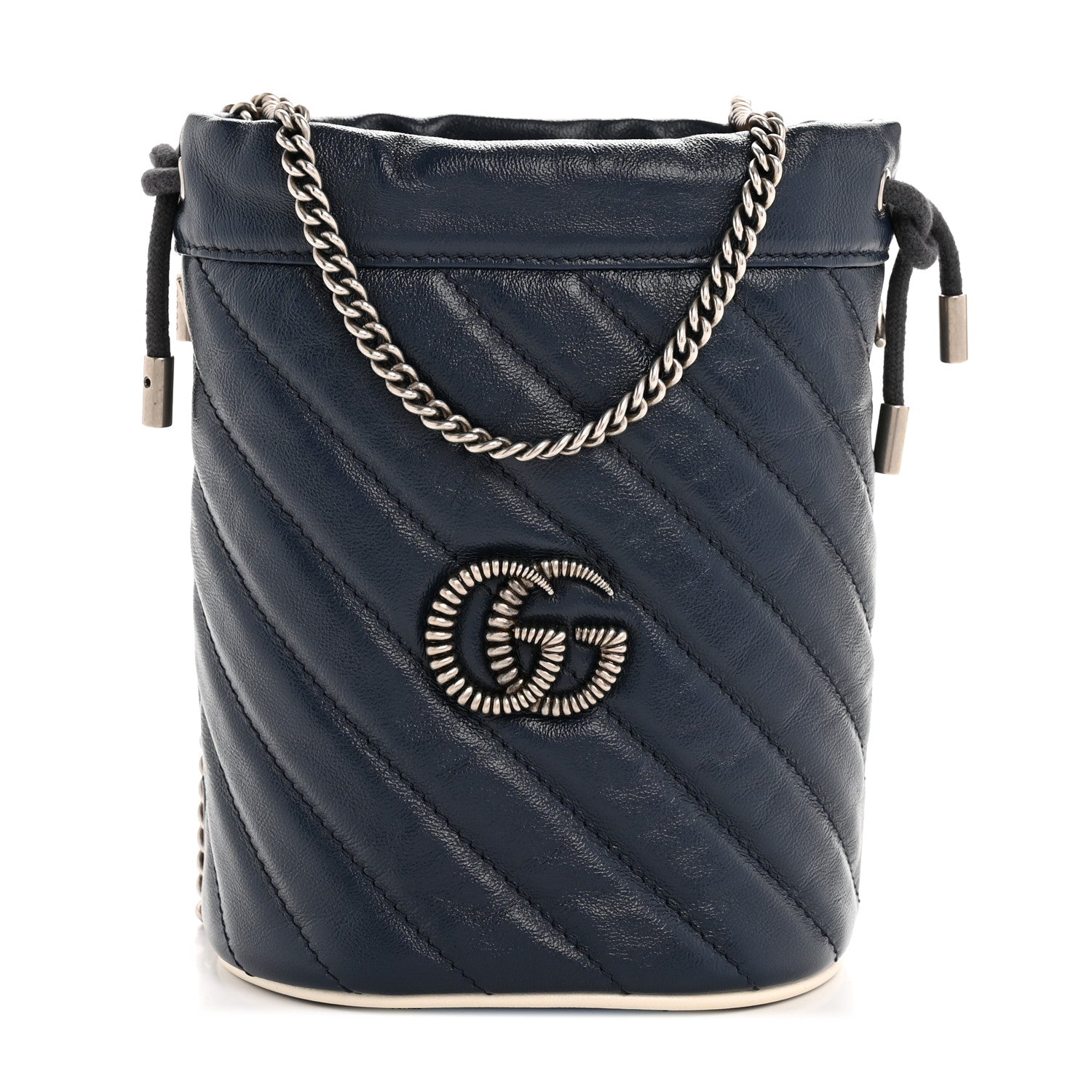 Gucci Vintage Effect Calfskin Matelasse Diagonal Mini Torchon GG Marmont 2.0 Bucket Bag Blue Agata Mystic White 1 of 10
