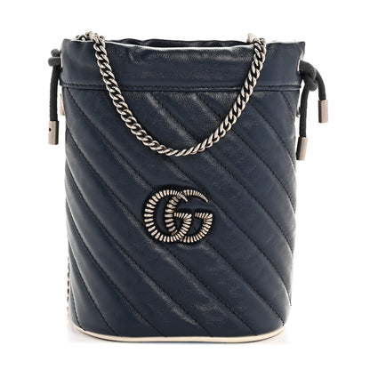 Gucci Vintage Effect Calfskin Matelasse Diagonal Mini Torchon GG Marmont 2.0 Bucket Bag Blue Agata Mystic White 1 of 10
