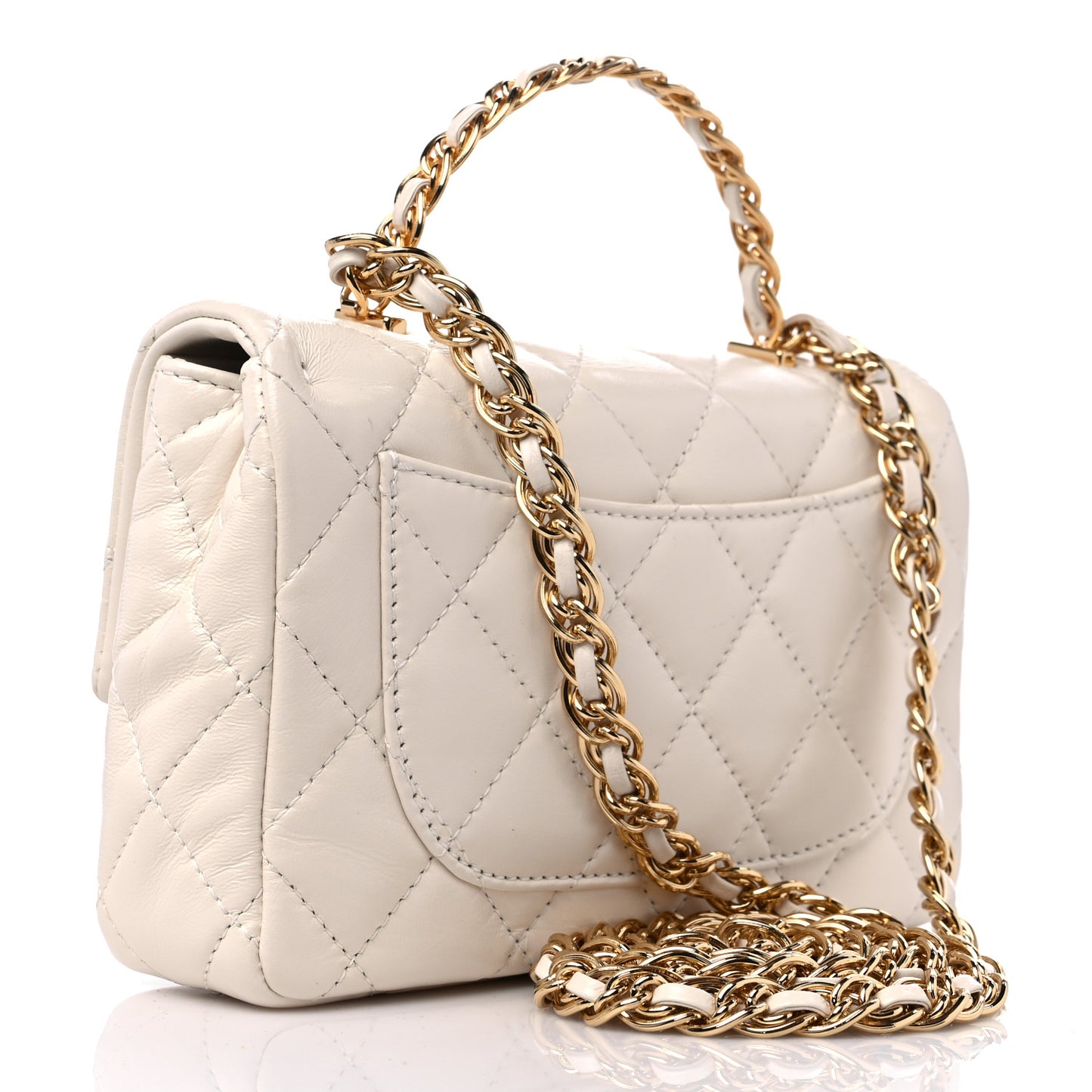 Shiny Lambskin Quilted Golden Links Top Handle Flap White