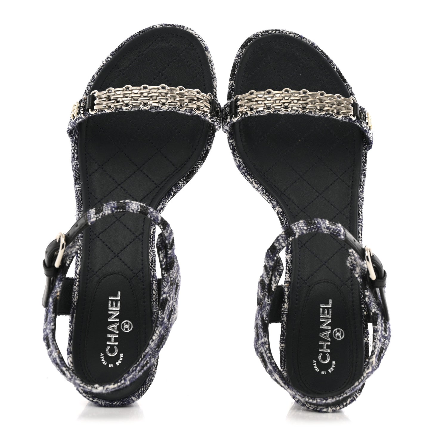 Tweed CC Chain Sandals 39 Navy Black