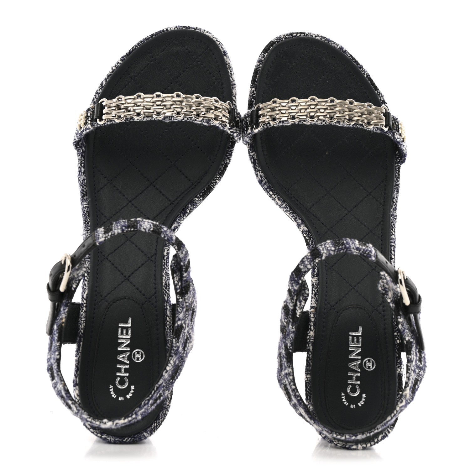 Chanel Tweed CC Chain Sandals 39 Navy Black 2 of 15