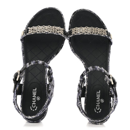 Chanel Tweed CC Chain Sandals 39 Navy Black 2 of 15