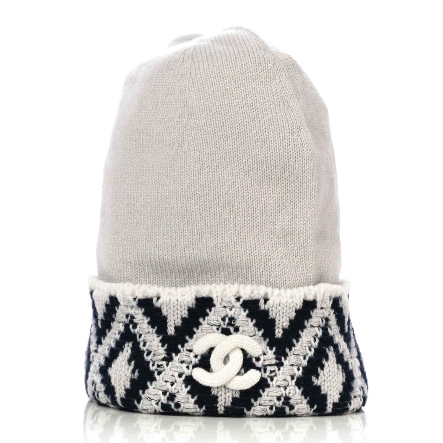 Chanel Cashmere Blend CC Beanie Hat White Navy Blue 2 of 10