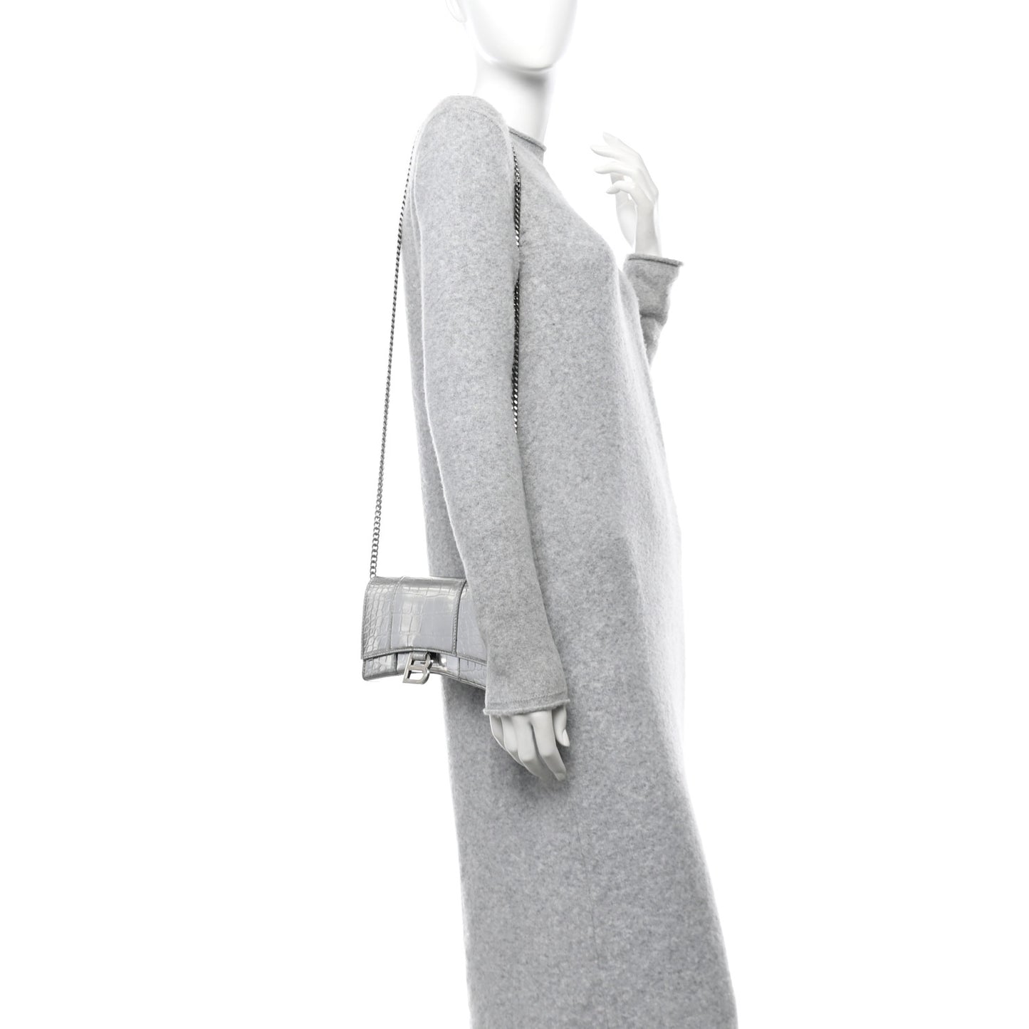 Shiny Calfskin Crocodile Embossed Hourglass Chain Bag Silver