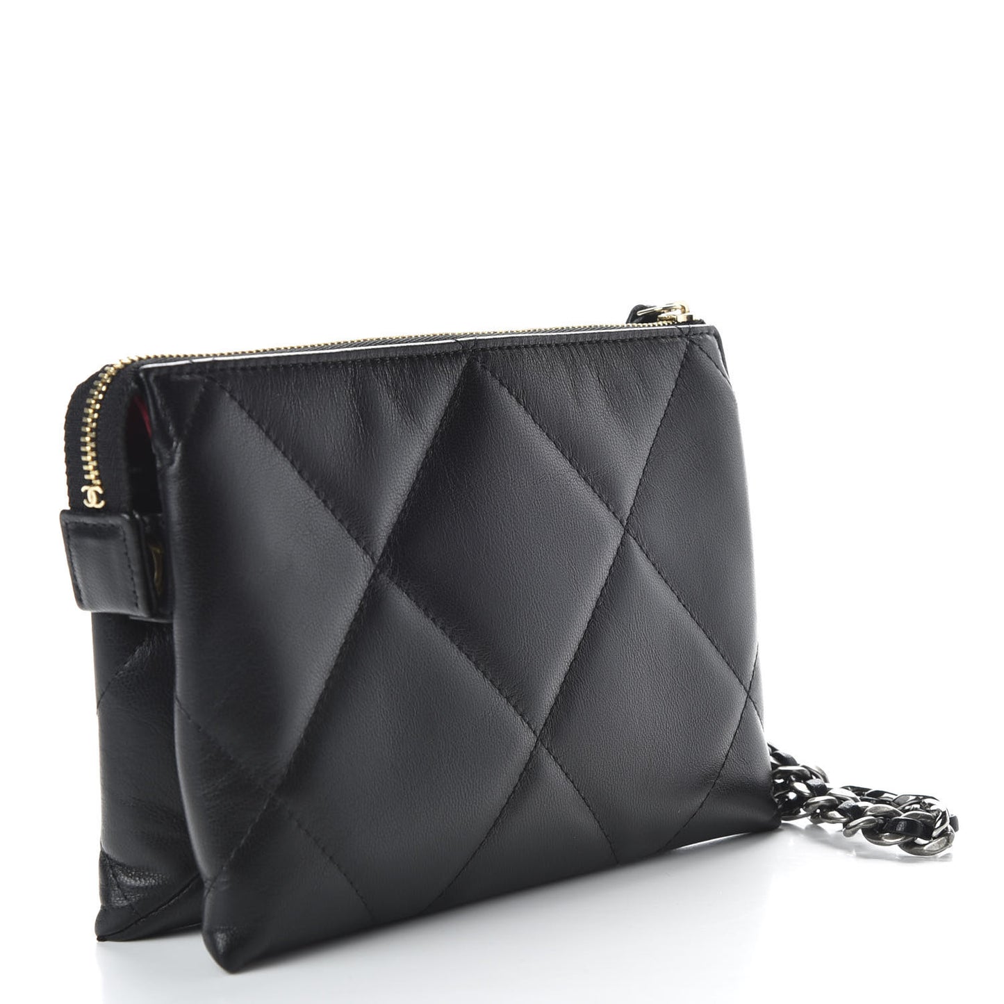 Shiny Goatskin Quilted Small Chanel 19 Pouch With Handle Black