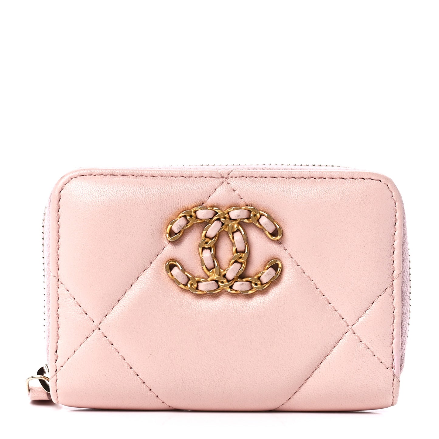 Lambskin Quilted 19 Zip Around Coin Purse Wallet Light Pink