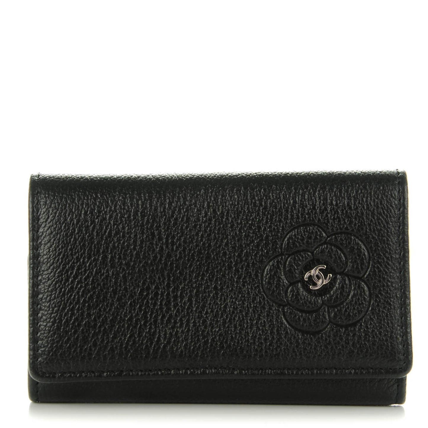 Goatskin Camellia Embossed 6 Key Holder Black