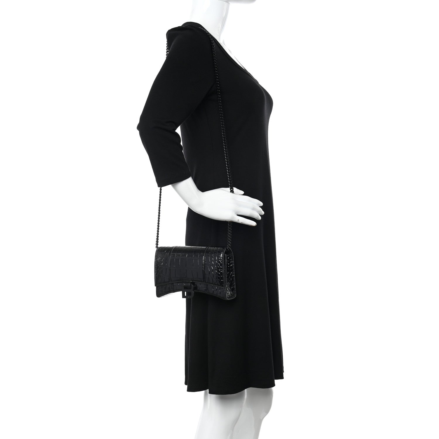 Balenciaga Shiny Calfskin Monochrome Crocodile Embossed Hourglass Chain Bag Black 2 of 11