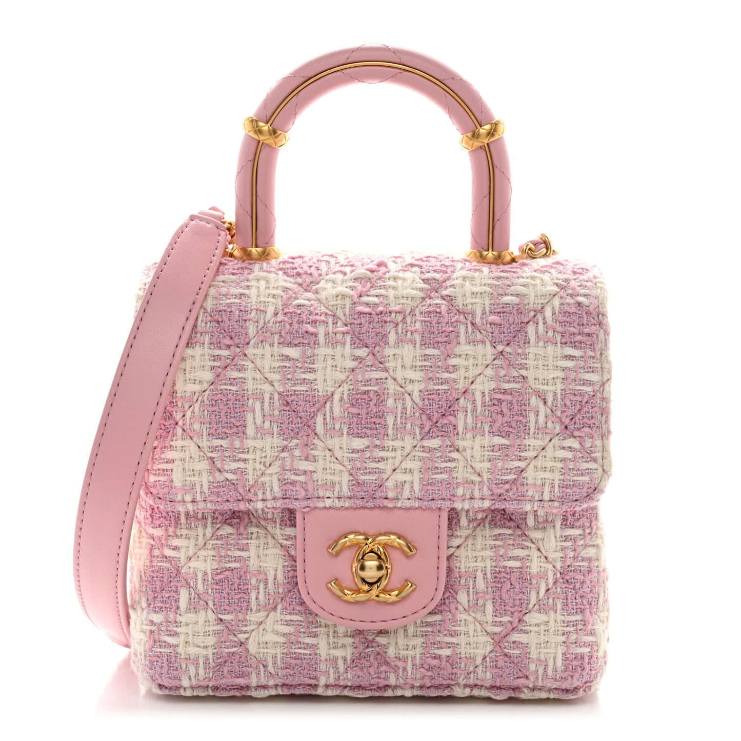 Tweed Handle Crush Top Handle Flap Bag Pink Ecru