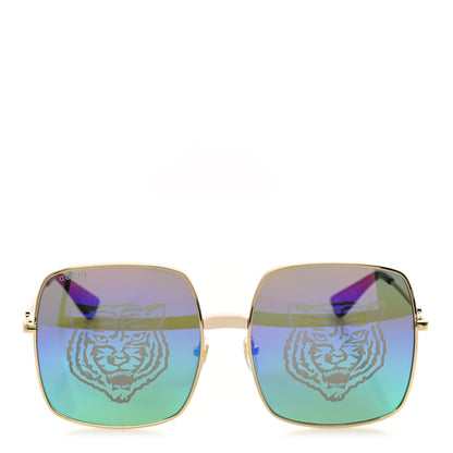 Gucci Metal Rectangular Frame Tiger Print Sunglasses GG0414S Gold 2 of 7
