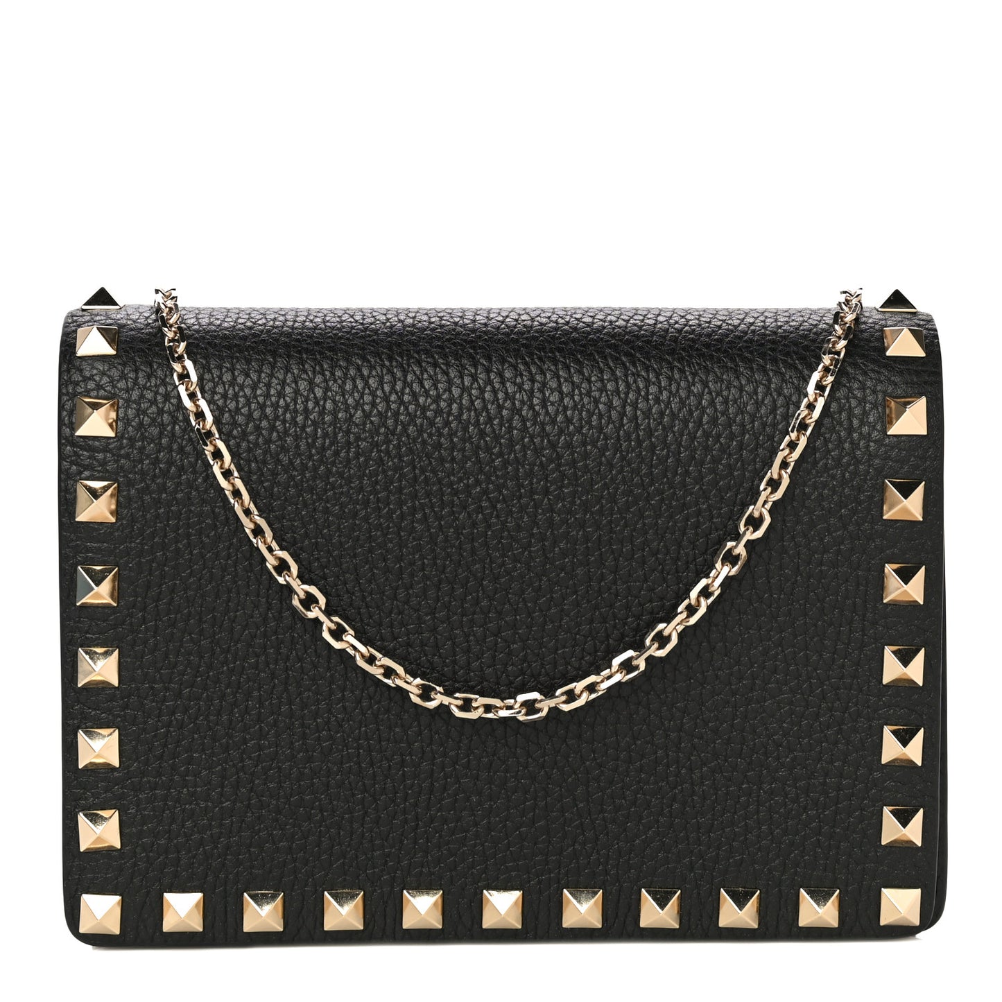Pebbled Calfskin Rockstud Wallet on Chain Black
