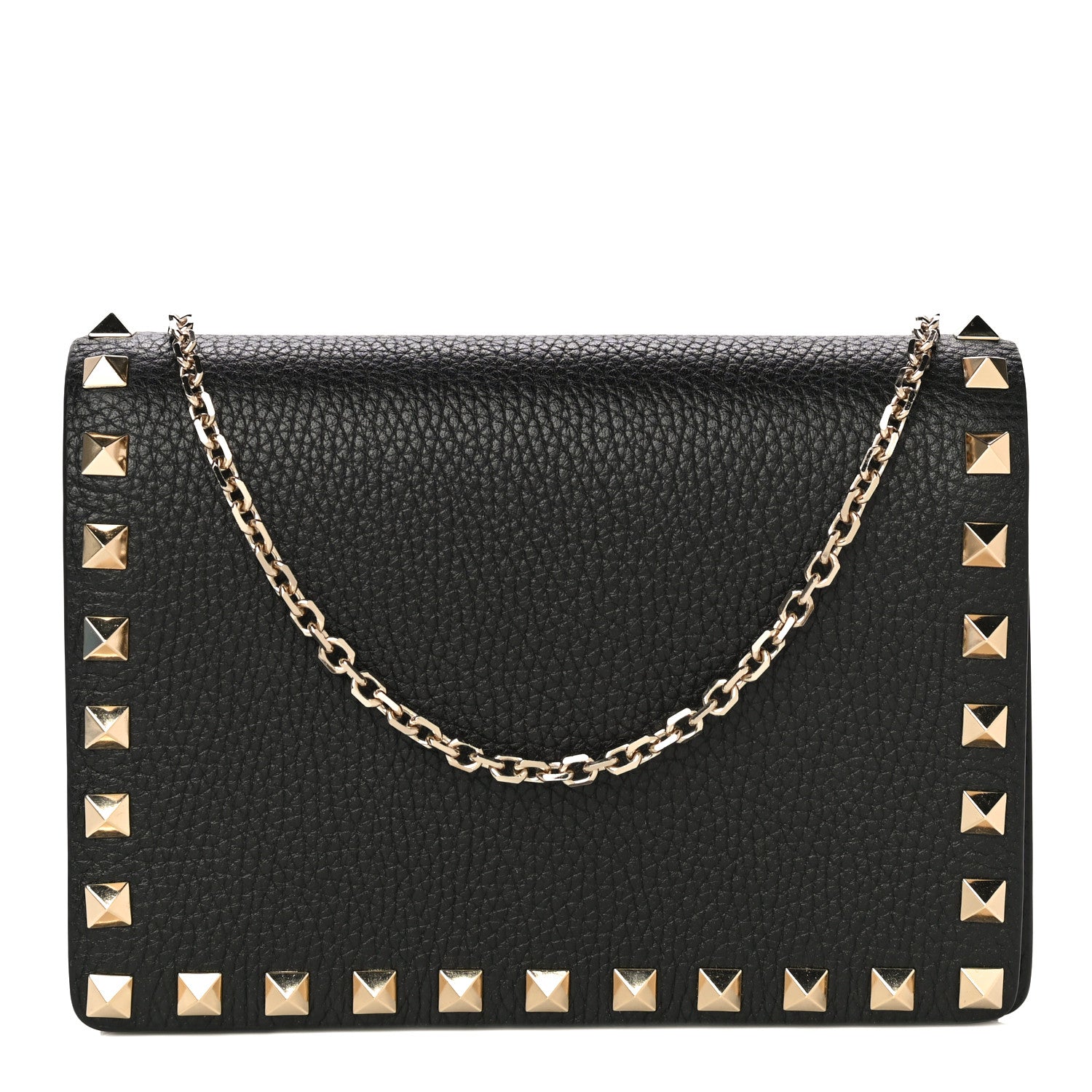 Valentino Garavani Pebbled Calfskin Rockstud Wallet on Chain Black 1 of 9