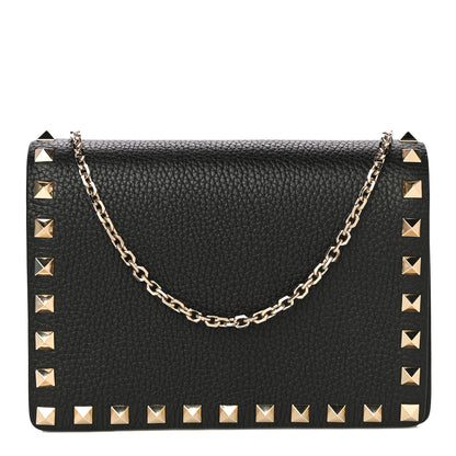 Valentino Garavani Pebbled Calfskin Rockstud Wallet on Chain Black 1 of 9