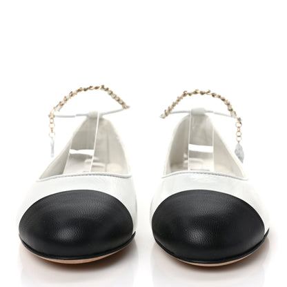 Chanel Lambskin Patent Calfskin Cap Toe Ankle Chain Ballerina Flats 37.5 White Black 2 of 9