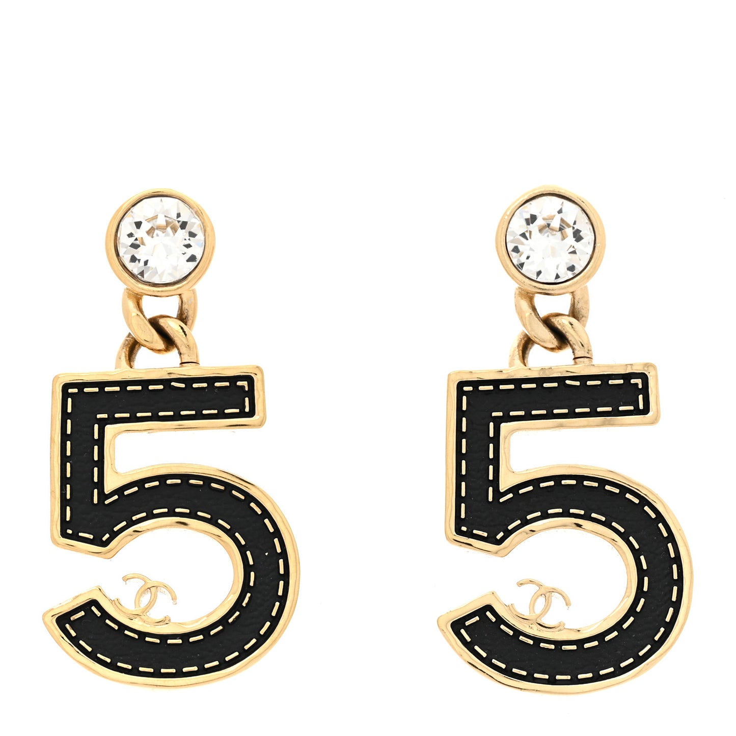 Metal CC No 5 Crystal Drop Earrings Gold Black