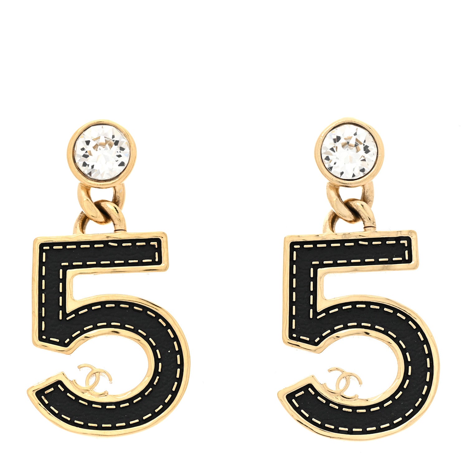 Chanel Metal CC No 5 Crystal Drop Earrings Gold Black 1 of 5