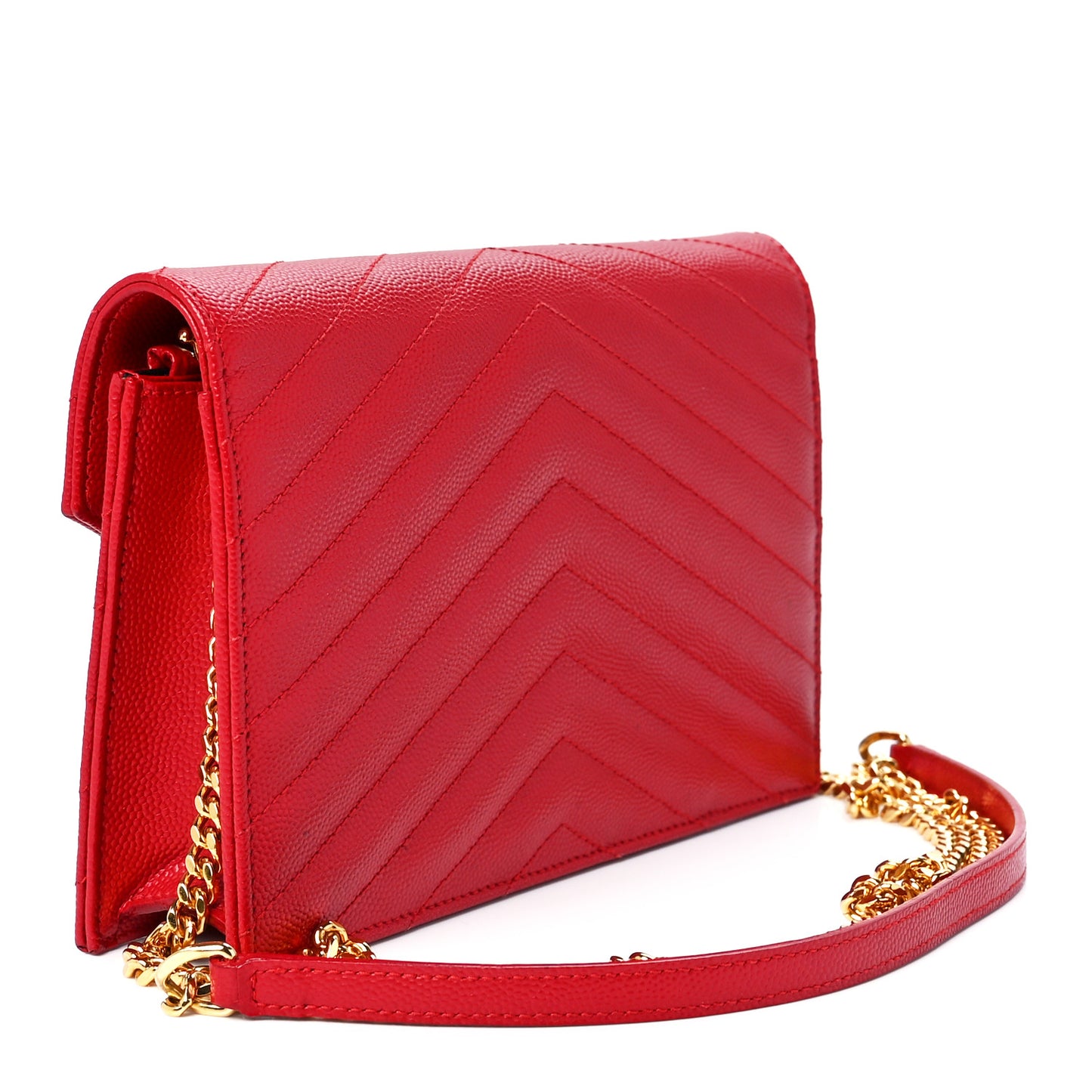 Grain De Poudre Matelasse Chevron Monogram Envelope Chain Wallet New Red