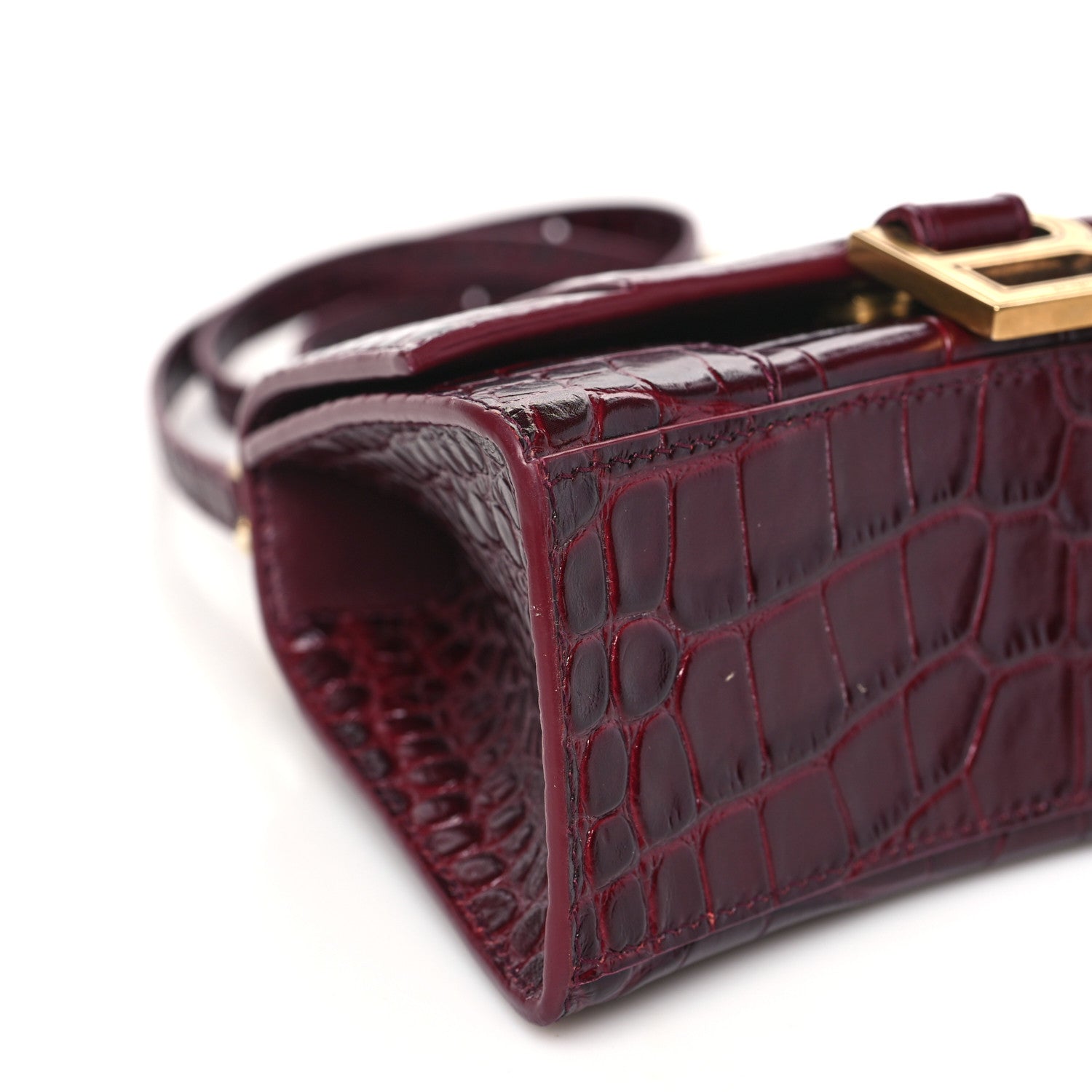 Balenciaga Shiny Calfskin Crocodile Embossed Hourglass Top Handle Bag XS Dark Red 7 of 8