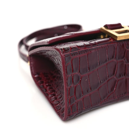 Balenciaga Shiny Calfskin Crocodile Embossed Hourglass Top Handle Bag XS Dark Red 7 of 8