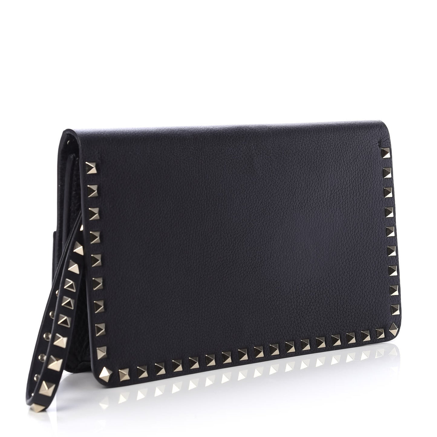Pebbled Calfskin Rockstud Side Slip Wristlet Clutch Black