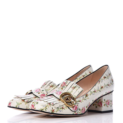 Gucci Calfskin Rose Print GG Marmont Fringe 50mm Loafer Pumps 37 Multicolor 3 of 8