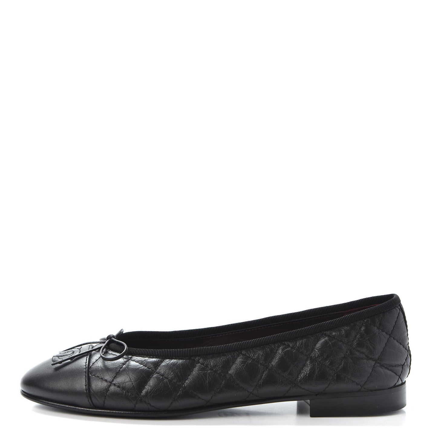 Aged Calfskin Quilted Cap Toe Ballerina Flats 38 Black