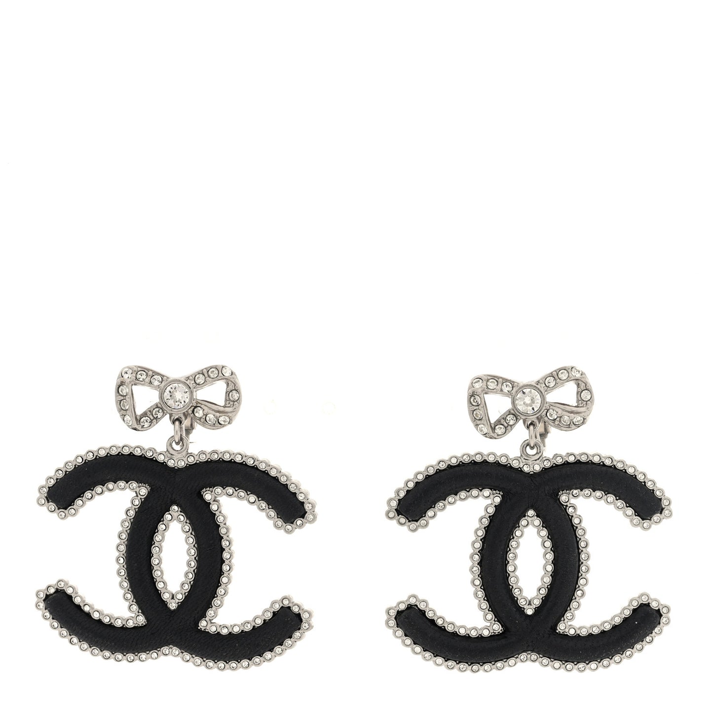 Metal Lambskin Crystal CC Bow Drop Earrings Silver Black