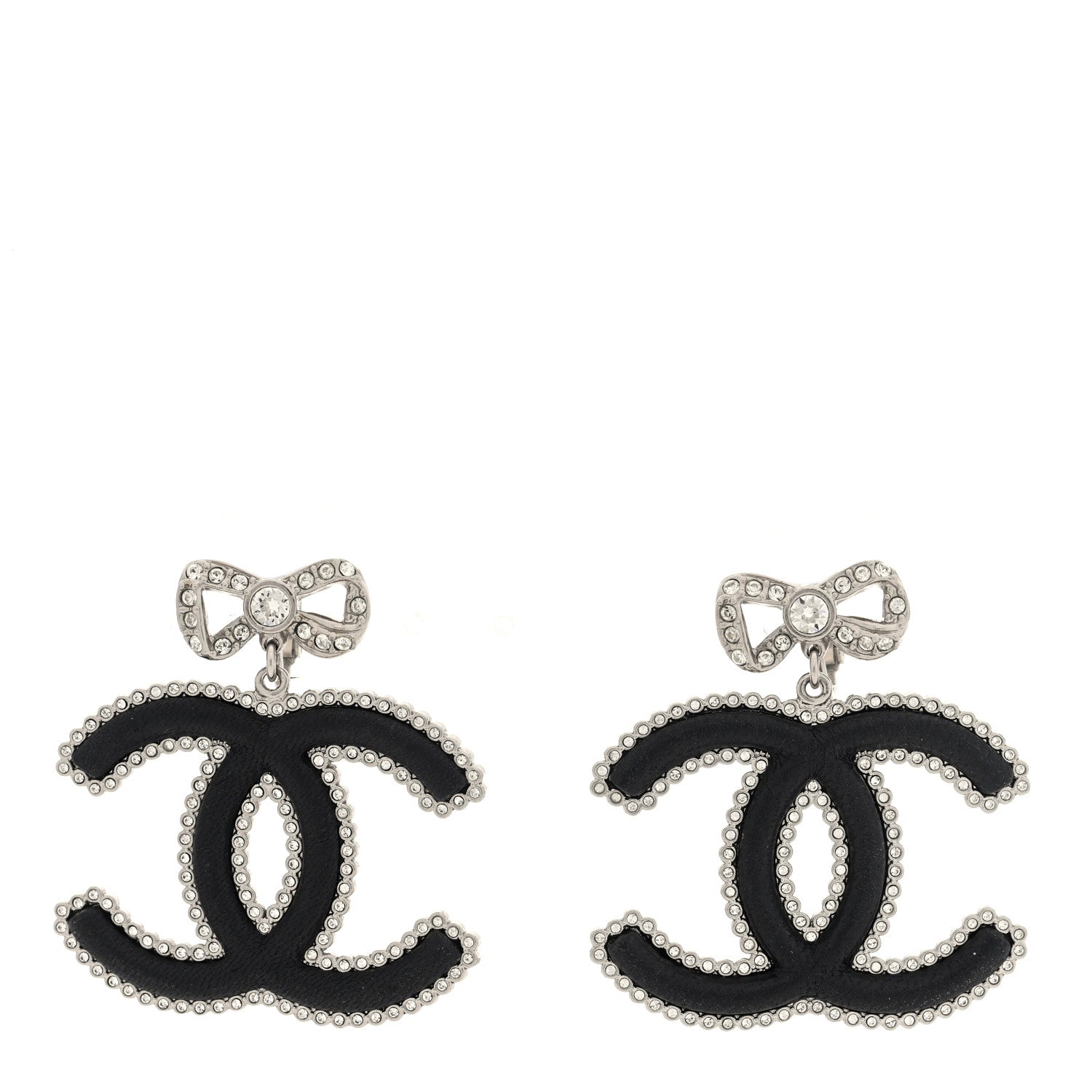 Chanel Metal Lambskin Crystal CC Bow Drop Earrings Silver Black 1 of 4