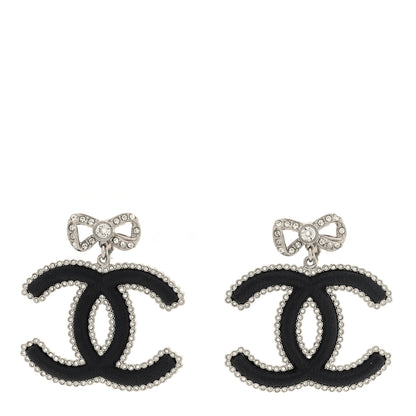 Chanel Metal Lambskin Crystal CC Bow Drop Earrings Silver Black 1 of 4