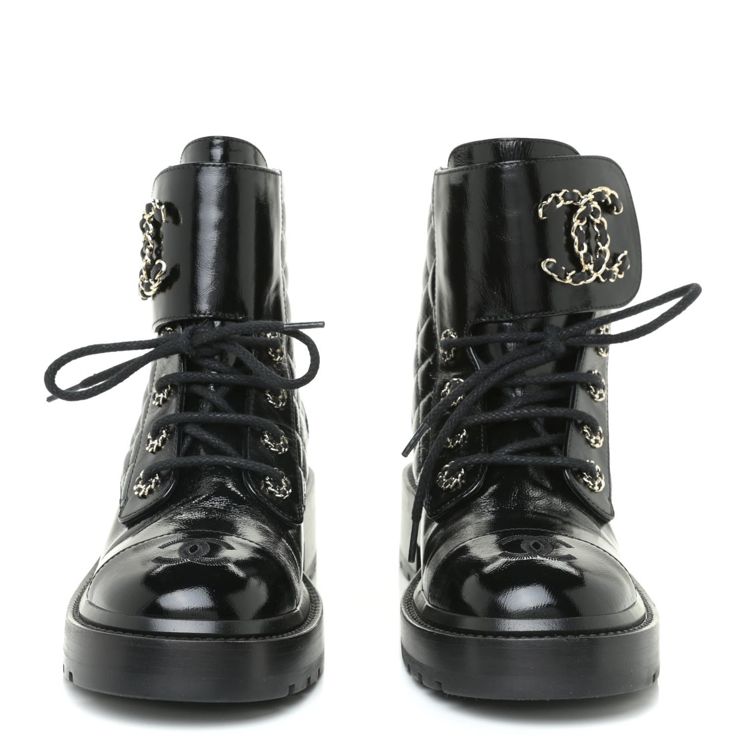 Shiny Calfskin Quilted Lace Up Combat Boots 37 Black