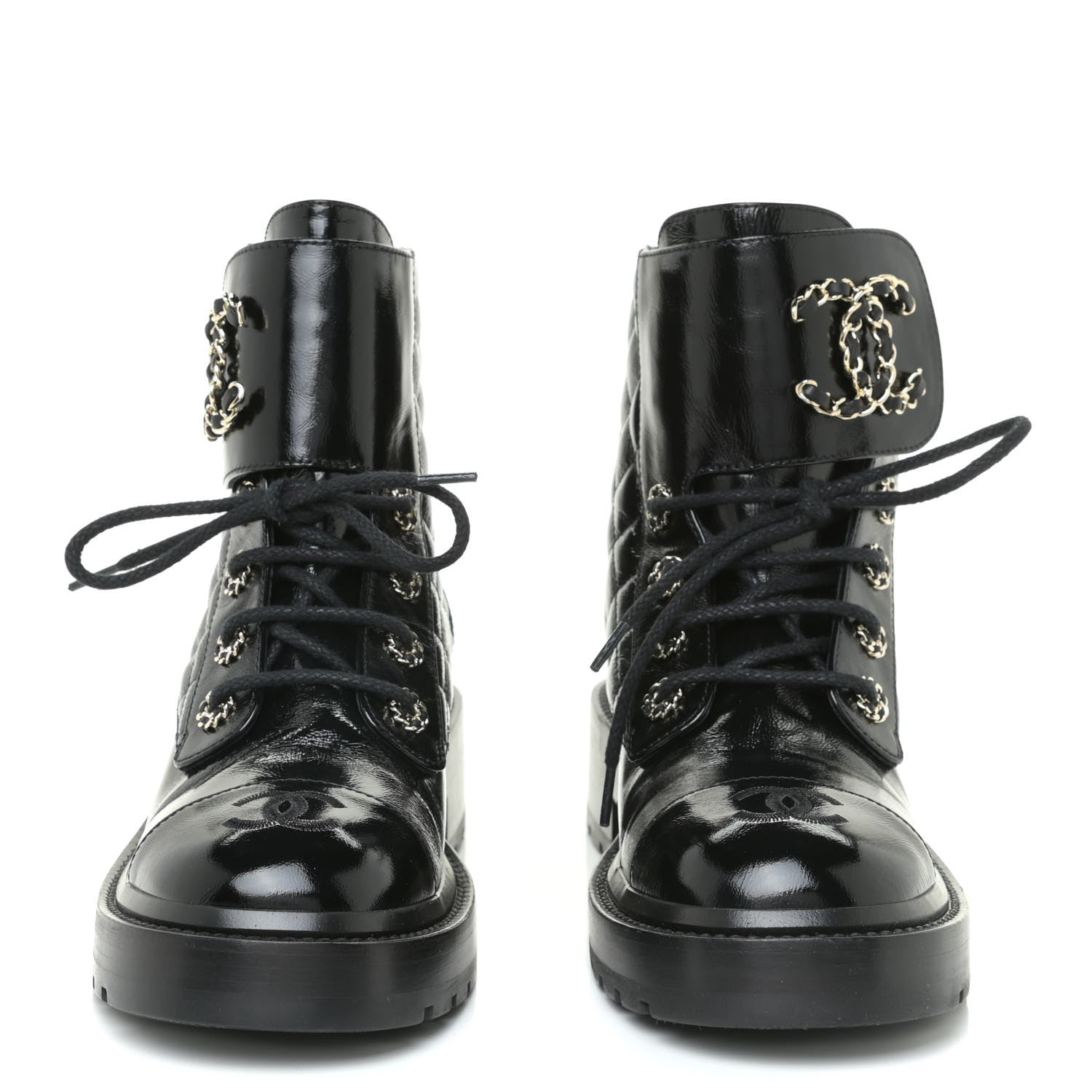 Chanel Shiny Calfskin Quilted Lace Up Combat Boots 37 Black 2 of 12
