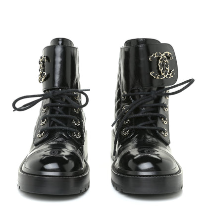 Chanel Shiny Calfskin Quilted Lace Up Combat Boots 37 Black 2 of 12