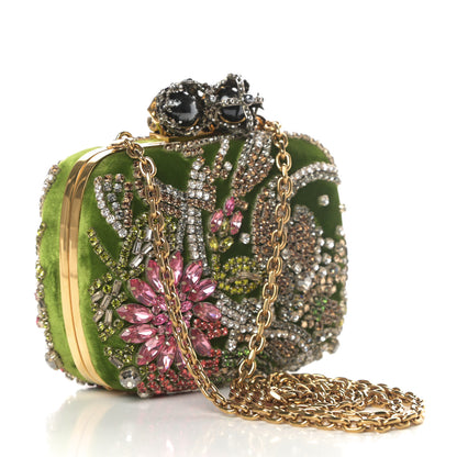 Alexander McQueen Velvet Embroidered Flower Queen and King Skull Box Chain Clutch Green Multicolor 3 of 13